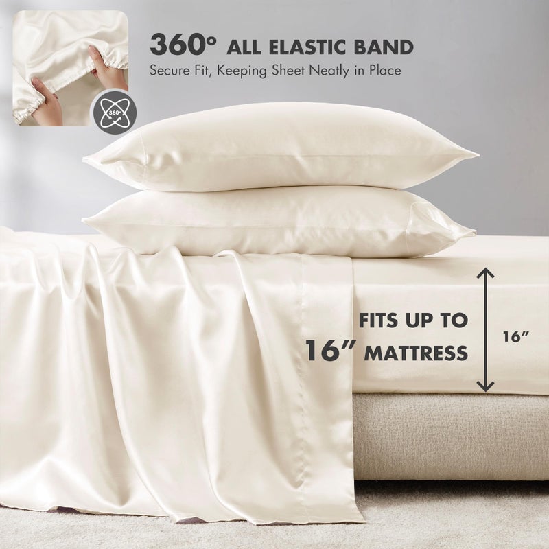 Madison Park Essentials Satin Sheet Set Luxury and Silky with Natural Sheen  Elastic 14"" Pocket fits up to 16"" Mattress  All Around Elastic - Year-Round Bedding  King  Ivory  6 Piece - Image 5